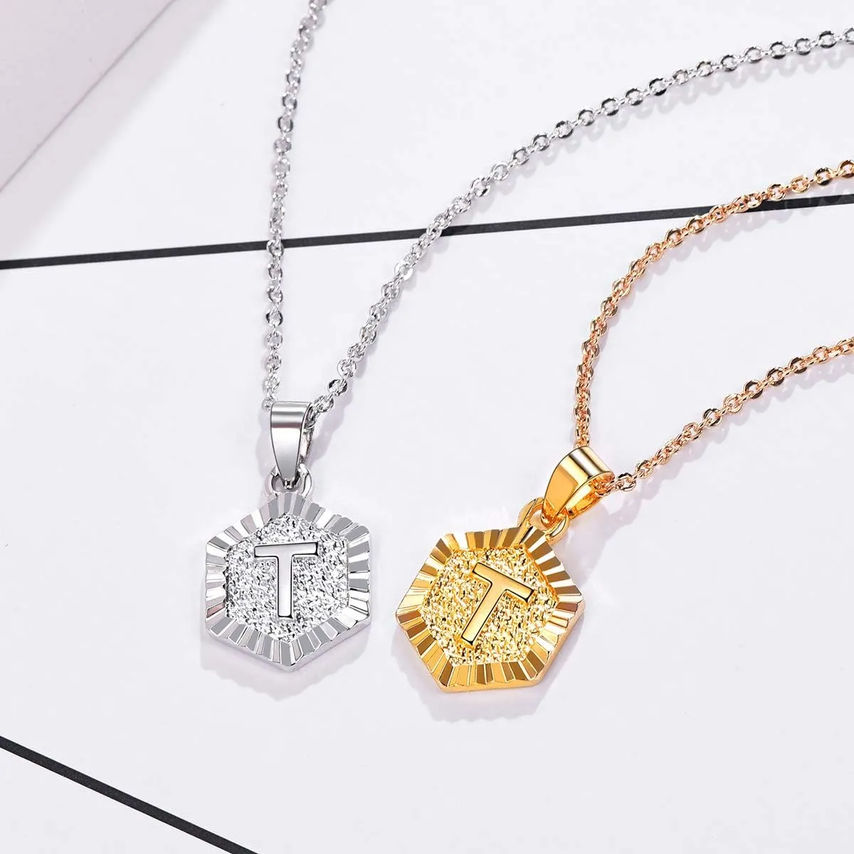 FOCALOOK Initial Necklaces for Women Yellow Gold/Platinum Plated Hexagon Letter Pendant Necklace 18 Inch