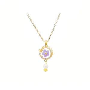 Forget-Me-Not Necklace with Glass Pearl, Pressed Flower Necklace for Women, Personalized Artisan Necklace with Gold Chain,Floral Dainty Necklaces Unique Jewelry (18" 2" Chain)