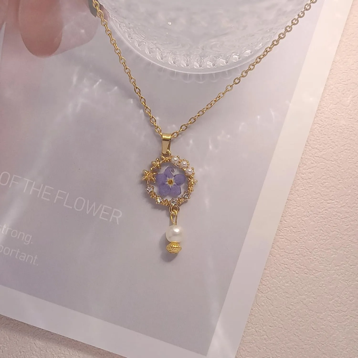 Forget-Me-Not Necklace with Glass Pearl, Pressed Flower Necklace for Women, Personalized Artisan Necklace with Gold Chain,Floral Dainty Necklaces Unique Jewelry (18" 2" Chain)