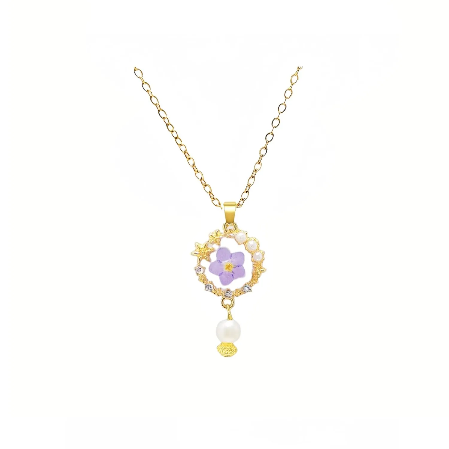 Forget-Me-Not Necklace with Glass Pearl, Pressed Flower Necklace for Women, Personalized Artisan Necklace with Gold Chain,Floral Dainty Necklaces Unique Jewelry (18" 2" Chain)