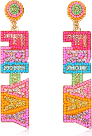 FRI-YAY Books Rhinestone Letter Drop Earrings - Delicate Beaded Dangle Earrings for Women - Colorful Teacher Appreciation Gift
