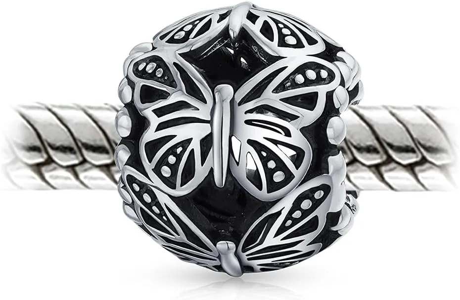 Garden Insect Springtime Butterfly Simulated Amethyst CZ Charm Vintage Style Barrel Bead Oxidized .925 Sterling Silver For European Bracelet