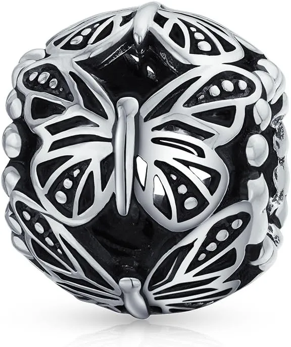 Garden Insect Springtime Butterfly Simulated Amethyst CZ Charm Vintage Style Barrel Bead Oxidized .925 Sterling Silver For European Bracelet