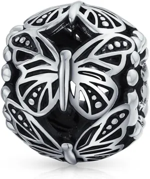 Garden Insect Springtime Butterfly Simulated Amethyst CZ Charm Vintage Style Barrel Bead Oxidized .925 Sterling Silver For European Bracelet
