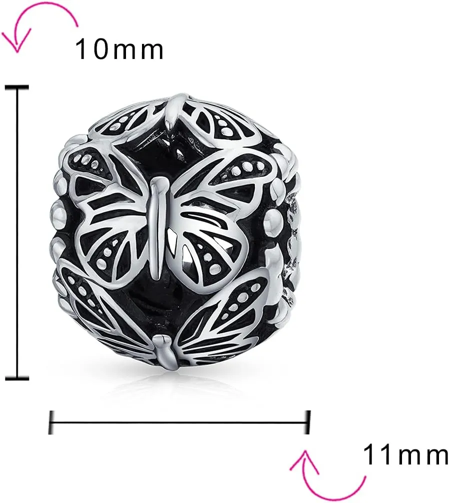 Garden Insect Springtime Butterfly Simulated Amethyst CZ Charm Vintage Style Barrel Bead Oxidized .925 Sterling Silver For European Bracelet