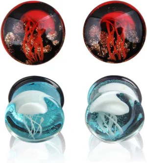 Glass Ocean Jellyfish Ear Plugs Gauges Tunnel Expanders Stretcher Unique Earrings Double Flared Piercings Body Jewelry Blue Red Set (00g(10mm))