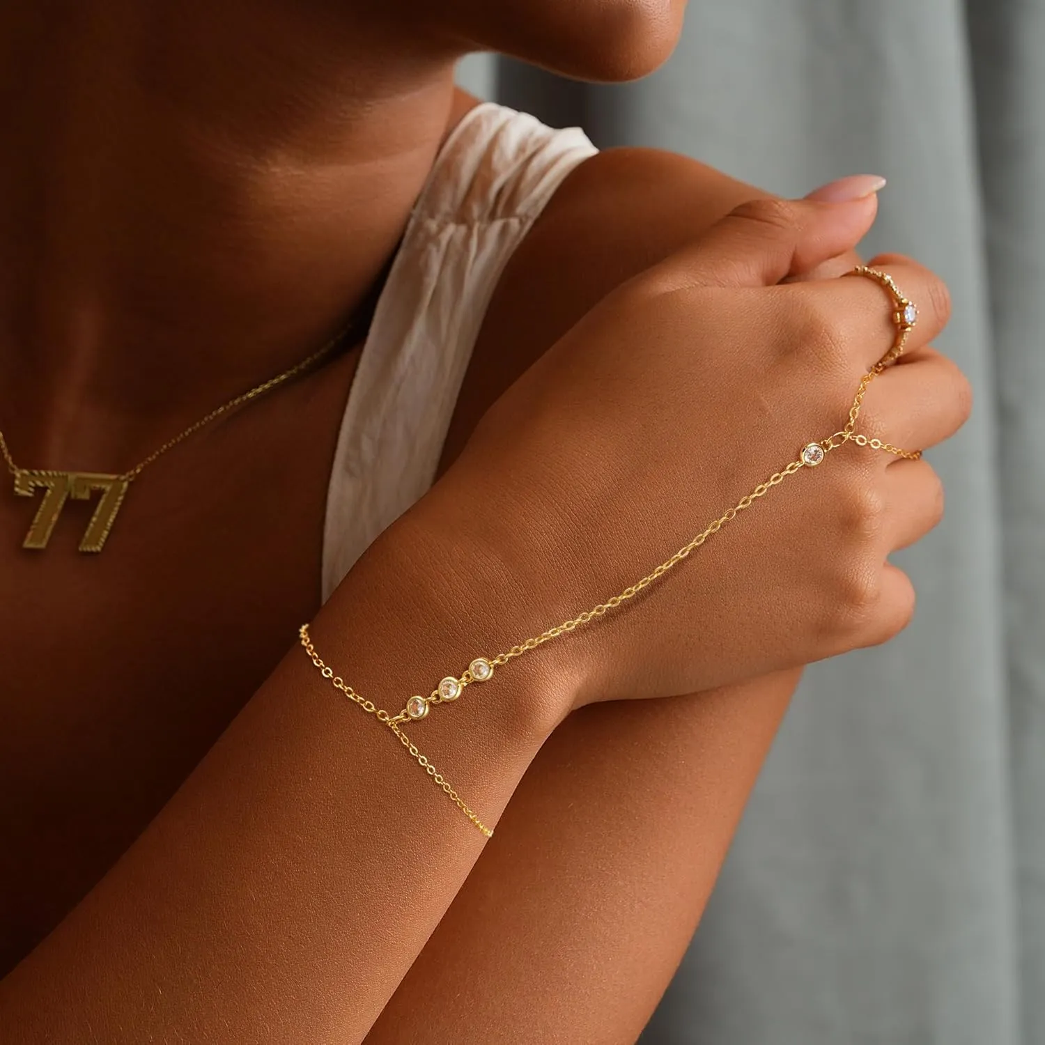Gold Bracelets Set for Women, 14K Real Gold Plated/Silver Dainty Link Chain Bracelets Ring Hand Chain Charm Stackable Cuban Link Paperclip Bracelet Non Tarnish Jewelry Accessories Gifts