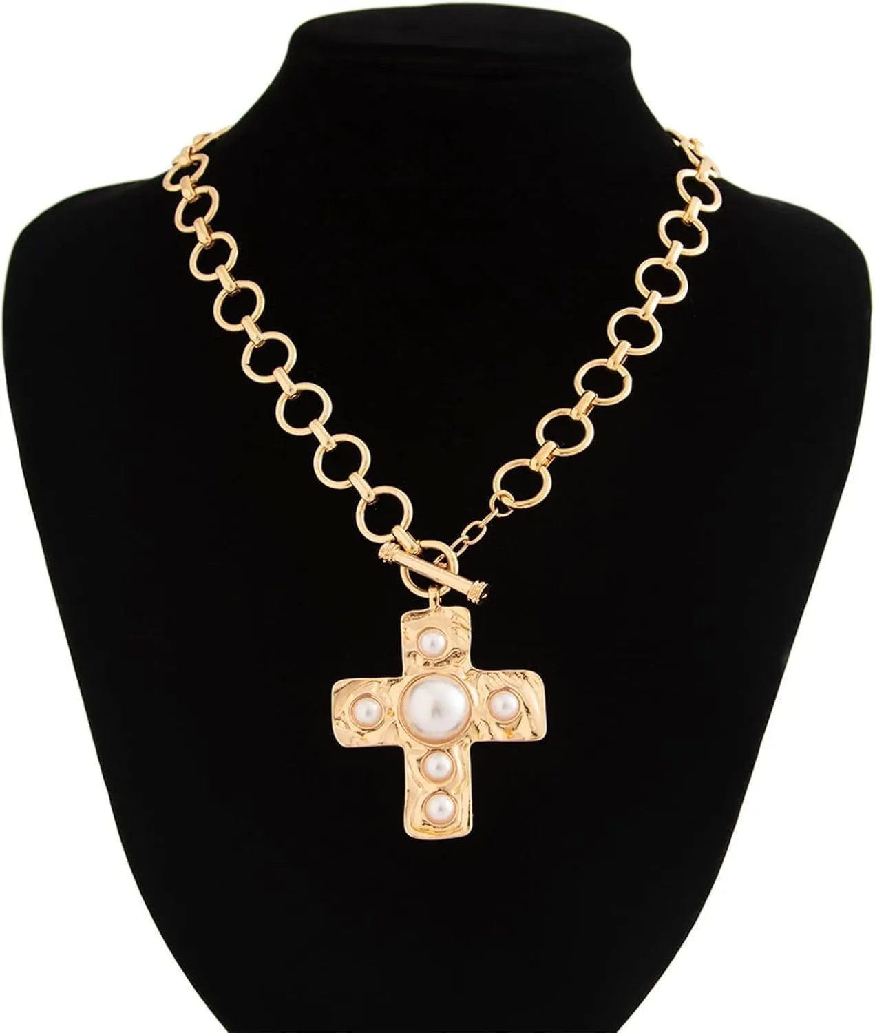 Gold Chunky Cross Necklace Women Statement Pendant Layered Hammered Bold Cross Vintage Toggle Clasp Jewelry