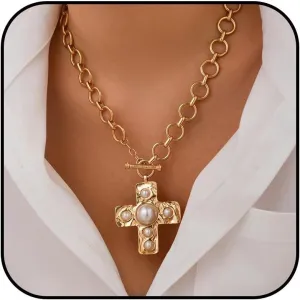 Gold Chunky Cross Necklace Women Statement Pendant Layered Hammered Bold Cross Vintage Toggle Clasp Jewelry