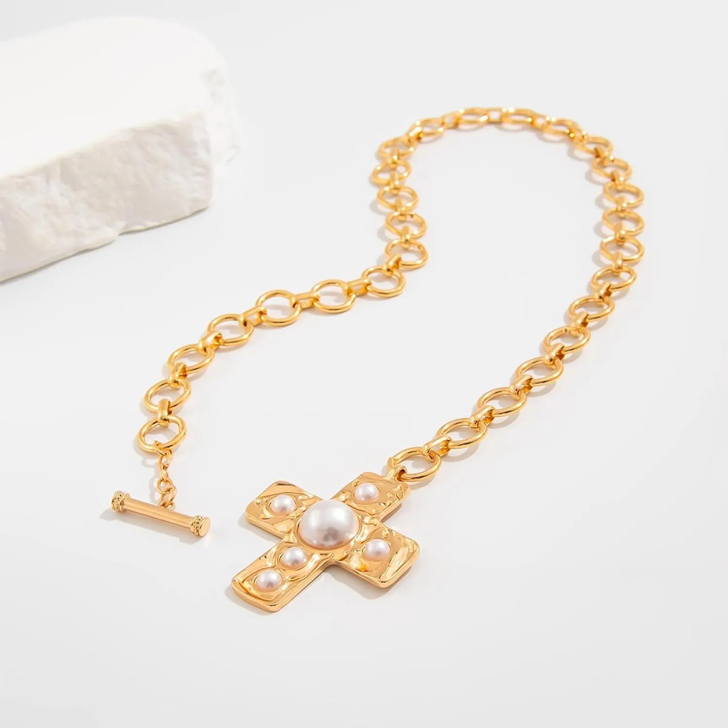 Gold Chunky Cross Necklace Women Statement Pendant Layered Hammered Bold Cross Vintage Toggle Clasp Jewelry