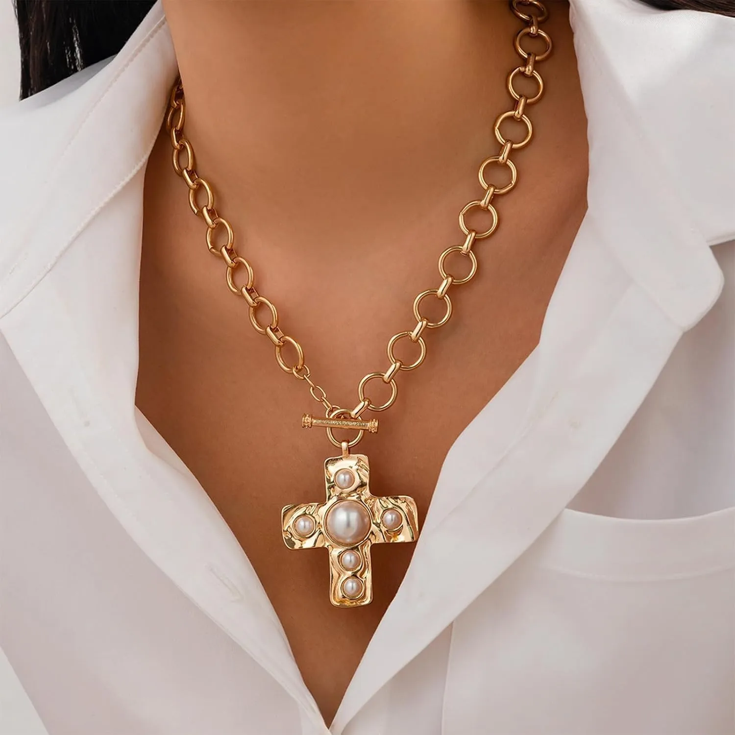 Gold Chunky Cross Necklace Women Statement Pendant Layered Hammered Bold Cross Vintage Toggle Clasp Jewelry