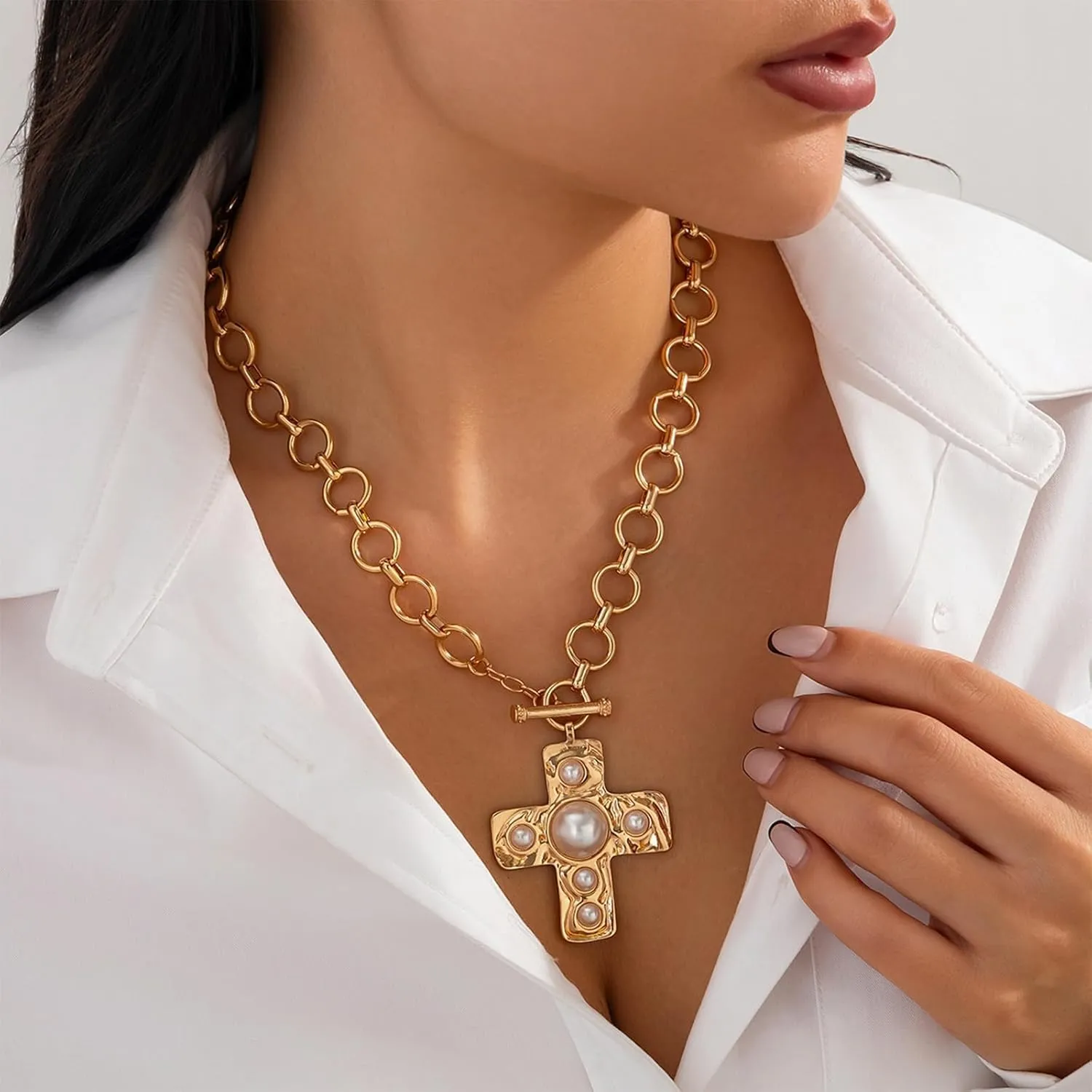 Gold Chunky Cross Necklace Women Statement Pendant Layered Hammered Bold Cross Vintage Toggle Clasp Jewelry
