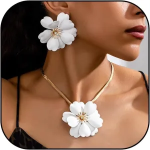 Gold Flower Earrings Necklace Set Flower Jewelry Big Foral Statement Earrings for Women Summer Charm Necklace Beach Vacation Essentials
