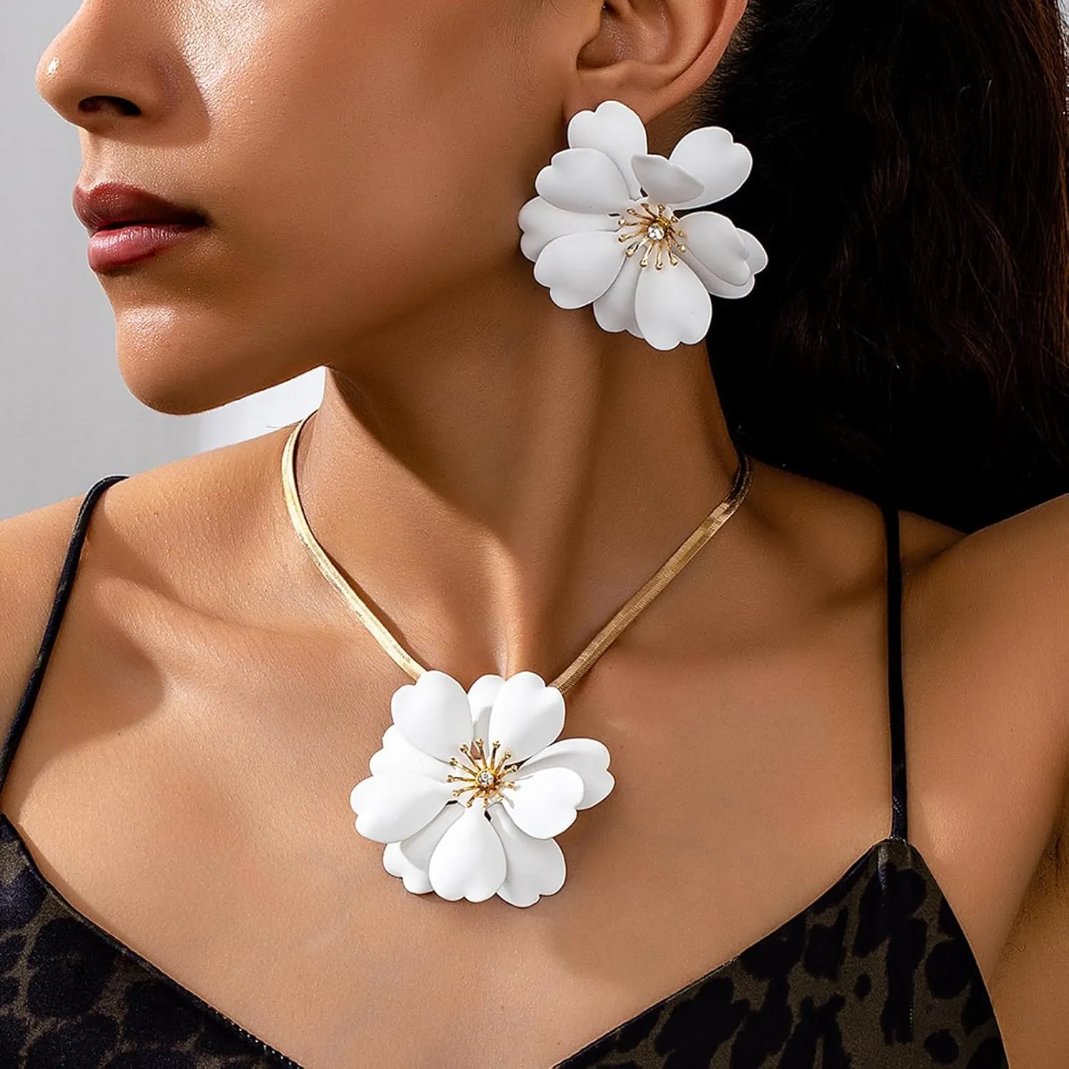 Gold Flower Earrings Necklace Set Flower Jewelry Big Foral Statement Earrings for Women Summer Charm Necklace Beach Vacation Essentials