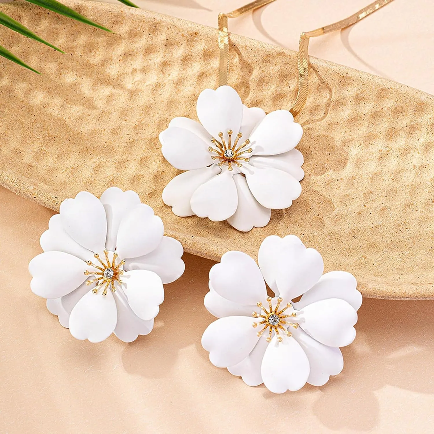 Gold Flower Earrings Necklace Set Flower Jewelry Big Foral Statement Earrings for Women Summer Charm Necklace Beach Vacation Essentials