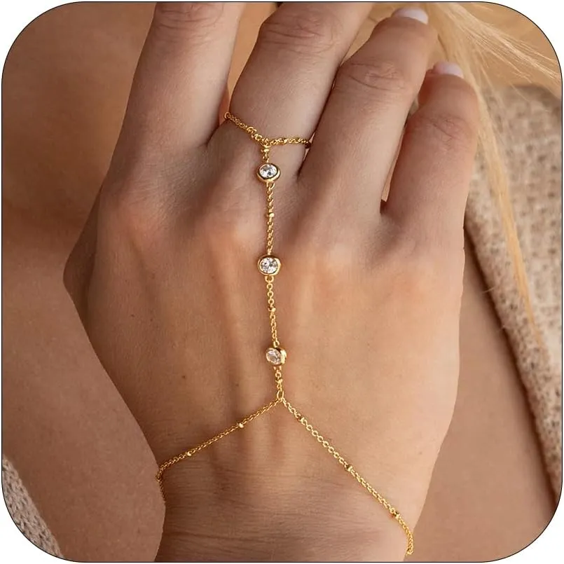 Gold Hand Chain Bracelets for Women, 14K Gold Plated Hand Chain Dainty Finger Ring Bracelet Gold Jewelry Gifts Trendy