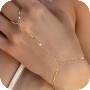 Gold Hand Chain Bracelets for Women, 14K Gold Plated Hand Chain Dainty Finger Ring Bracelet Gold Jewelry Gifts Trendy