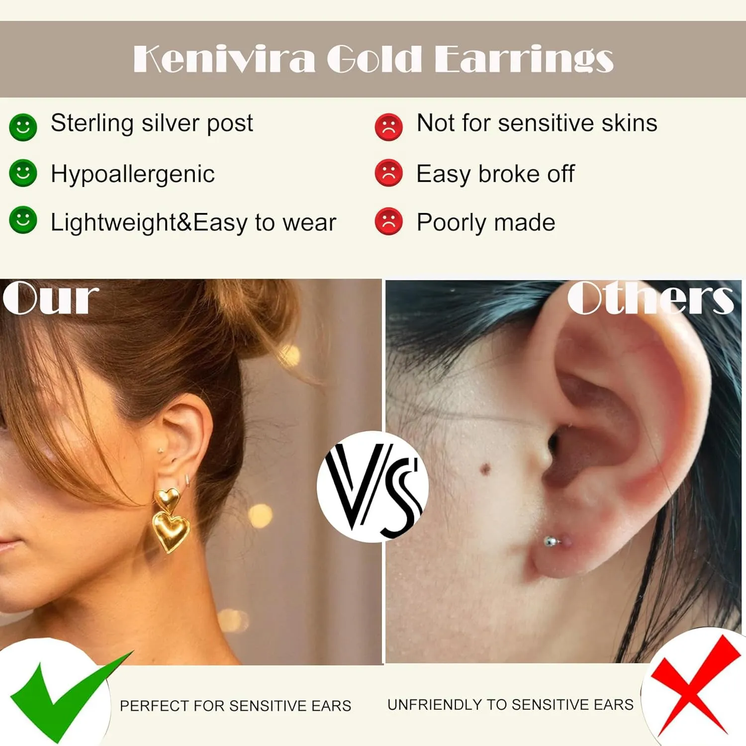 Gold Heart Drop Earrings, Double Heart Statement Dangle Earrings for Women