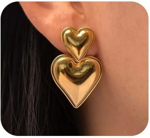 Gold Heart Drop Earrings, Double Heart Statement Dangle Earrings for Women