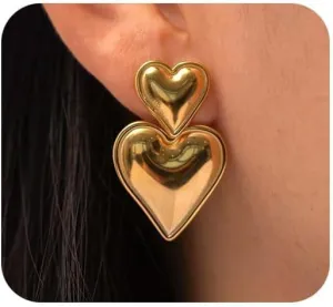 Gold Heart Drop Earrings, Double Heart Statement Dangle Earrings for Women