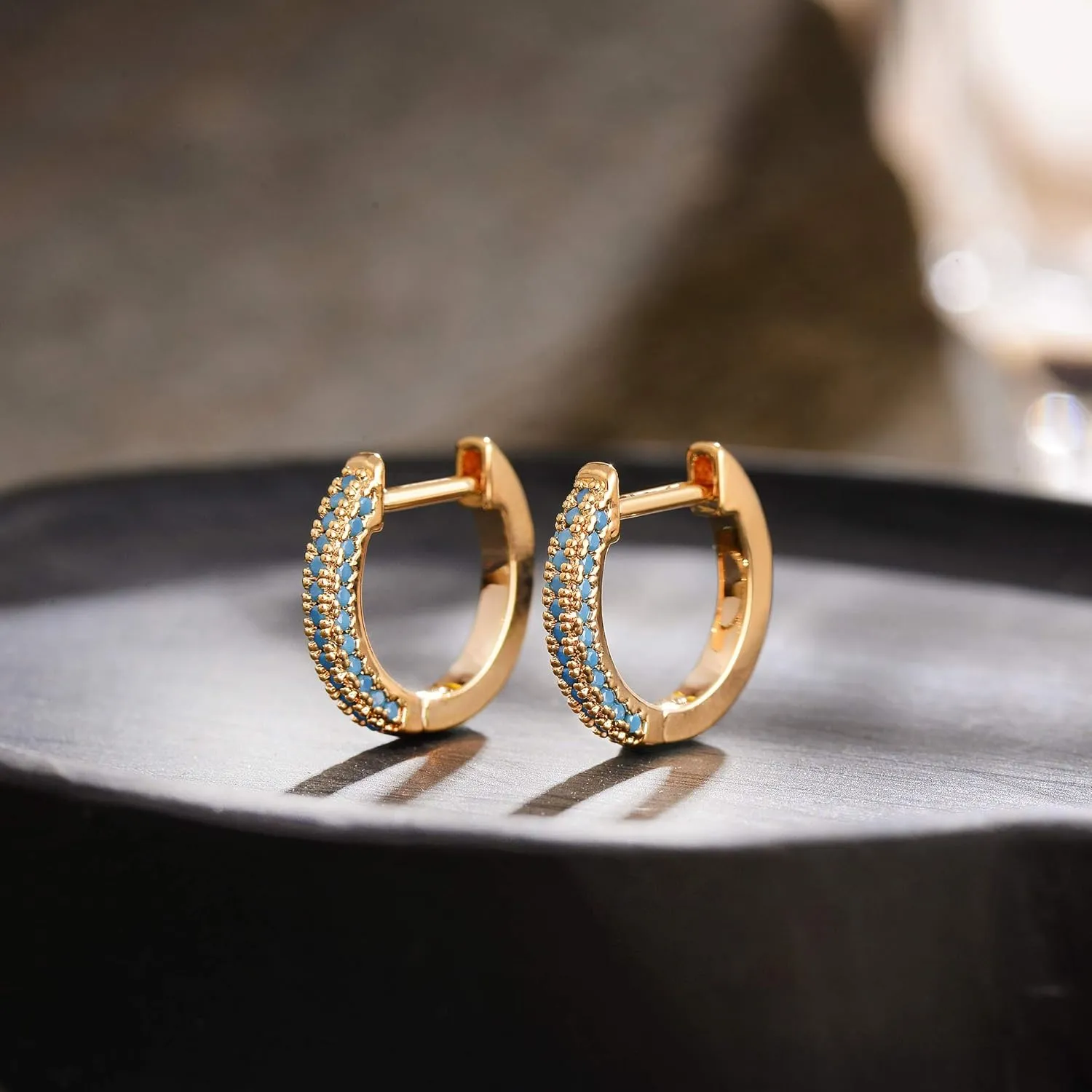 Gold Huggie Hoop Earrings 14K Gold Plated Dainty Chunky Thick Hoop Diamond Cubic Zriconia Inlay Sleeper Tiny Delicate Boho Beach Simple Hypoallergenic Jewelry Gift for Her