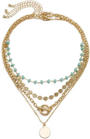 Gold Layered Necklaces for Women Boho Turquoise Stack Necklace Bohemian Coin Pendant Necklace Country Concert Beach Jewelry