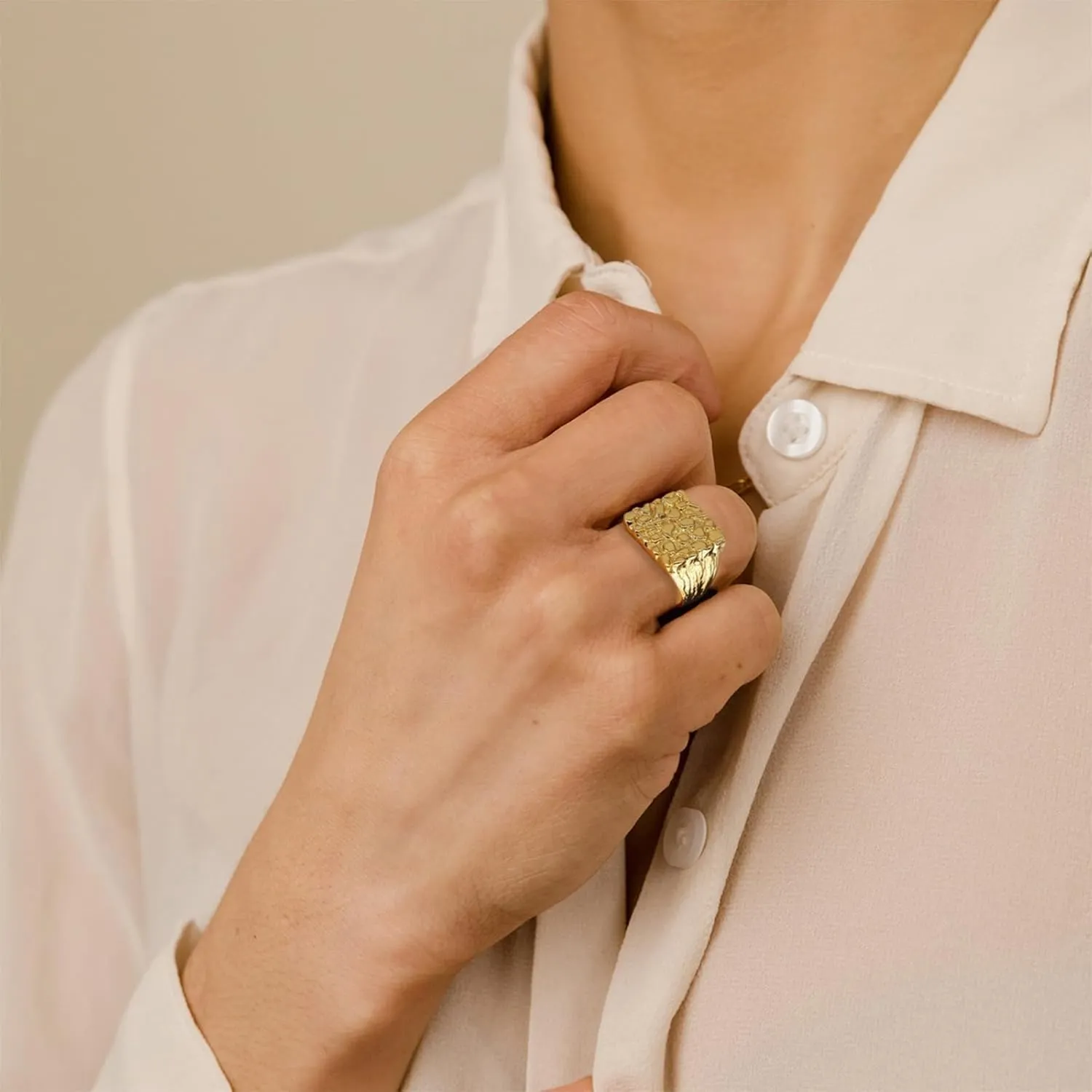 Gold Nugget Rings for Men 14k Gold Plated Yellow Pinky Pimp Iced Finger Hip Hop Style for Men