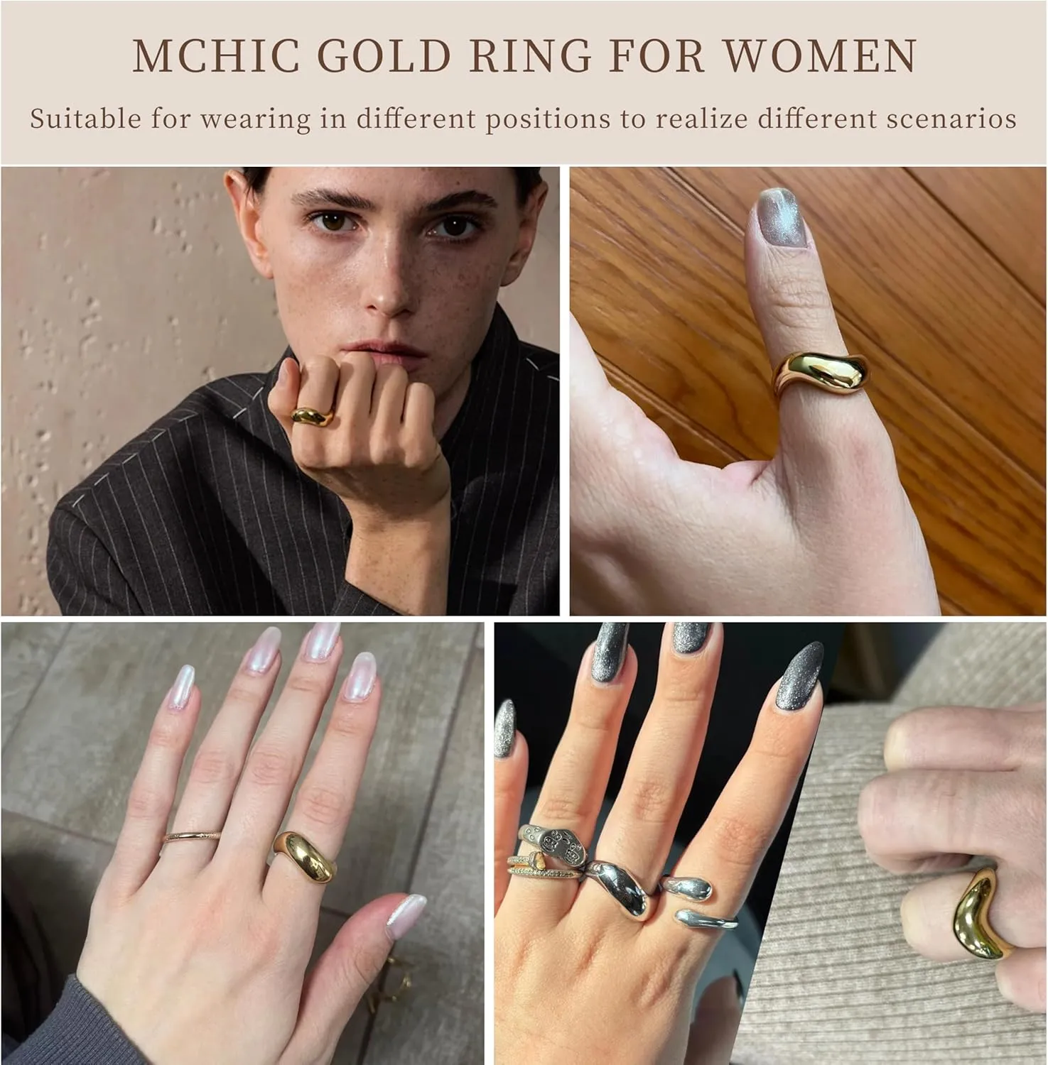 Gold Rings for Women, Chunky Thumb Ring 18K Gold/Silver Plated Twisted Wave Band Stackable Rings, Non Tarnish Gold Jewelry, Size 6 7 8 9