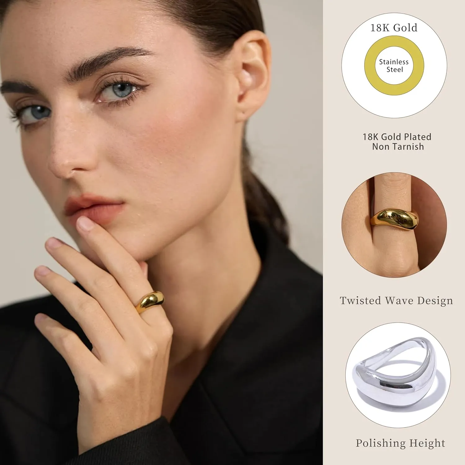 Gold Rings for Women, Chunky Thumb Ring 18K Gold/Silver Plated Twisted Wave Band Stackable Rings, Non Tarnish Gold Jewelry, Size 6 7 8 9