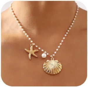 Gold Shell Necklace for Women Gold Seashell Starfish Pendant Necklace Shell Choker Pearl Beaded Chain Necklaces Summer Beach Jewelry