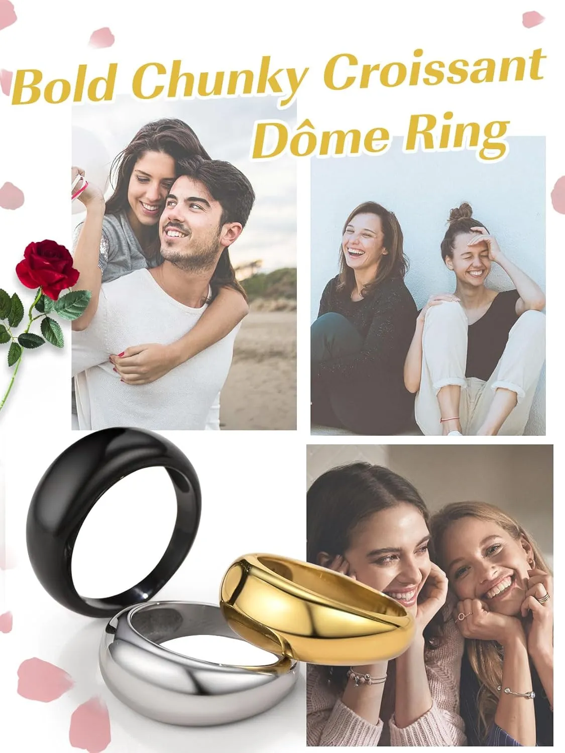 GOLDCHIC JEWELRY Chunky Dome Ring for Women, Stainless Steel Bold Stacking Croissant Statement Ring For Men (Size 7-12, Custom)