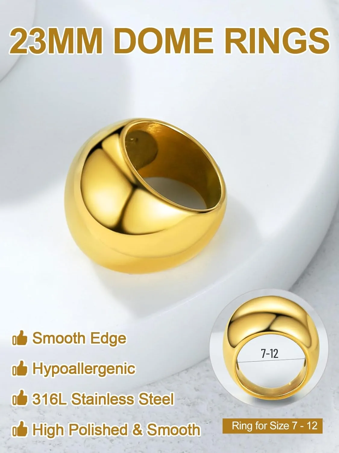 GOLDCHIC JEWELRY Chunky Dome Ring for Women, Stainless Steel Bold Stacking Croissant Statement Ring For Men (Size 7-12, Custom)