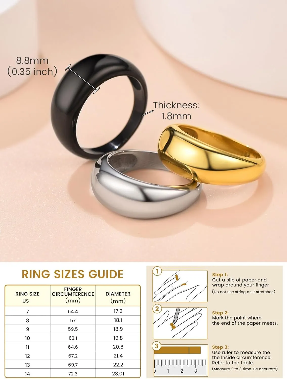 GOLDCHIC JEWELRY Chunky Dome Ring for Women, Stainless Steel Bold Stacking Croissant Statement Ring For Men (Size 7-12, Custom)