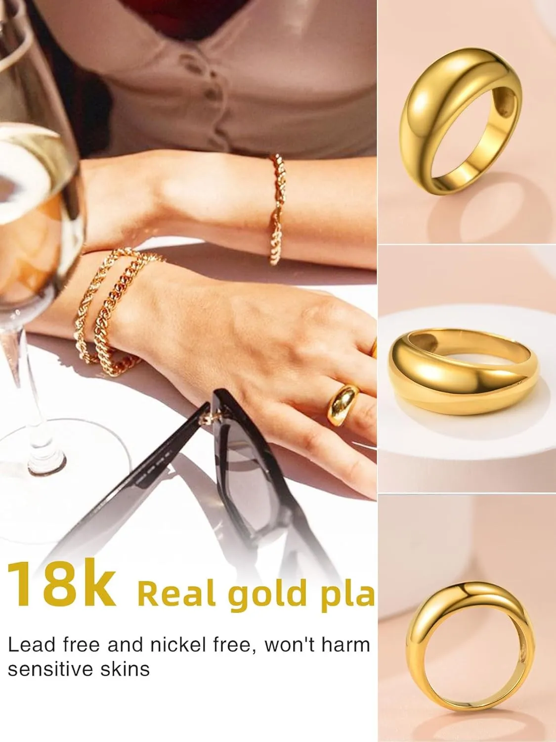 GOLDCHIC JEWELRY Chunky Dome Ring for Women, Stainless Steel Bold Stacking Croissant Statement Ring For Men (Size 7-12, Custom)