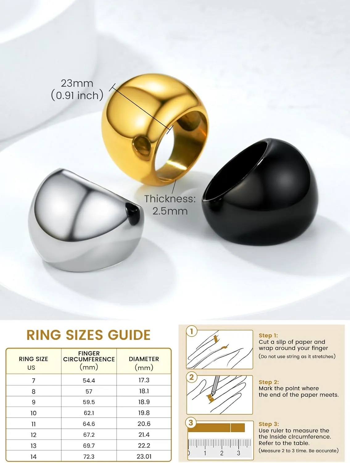 GOLDCHIC JEWELRY Chunky Dome Ring for Women, Stainless Steel Bold Stacking Croissant Statement Ring For Men (Size 7-12, Custom)