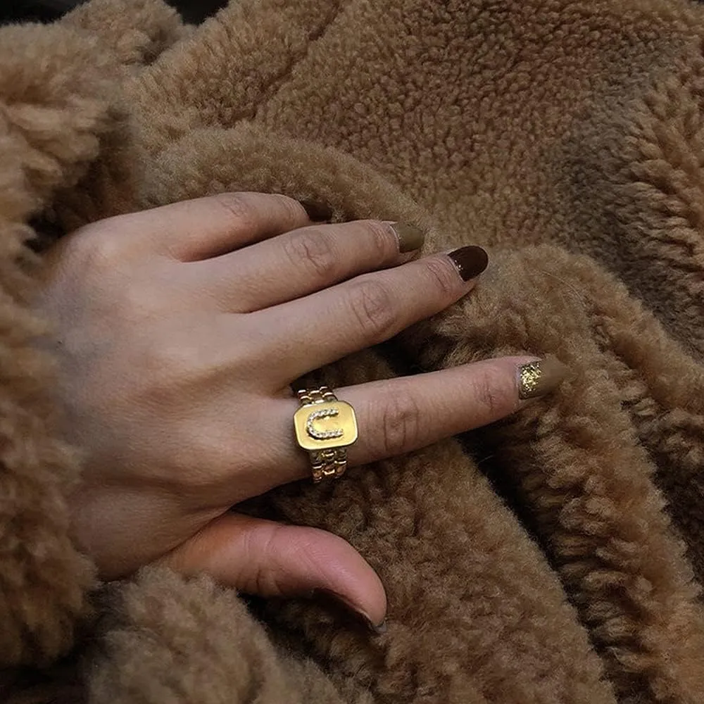 GOLDCHIC JEWELRY Cubic Zirconia Letter Rings Gold, Bold Initial Open Ring Adjustable for Women Statement Rings for Party