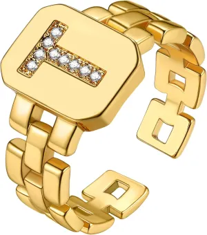GOLDCHIC JEWELRY Cubic Zirconia Letter Rings Gold, Bold Initial Open Ring Adjustable for Women Statement Rings for Party