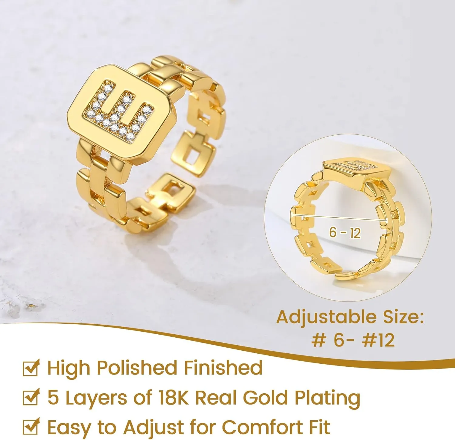 GOLDCHIC JEWELRY Cubic Zirconia Letter Rings Gold, Bold Initial Open Ring Adjustable for Women Statement Rings for Party