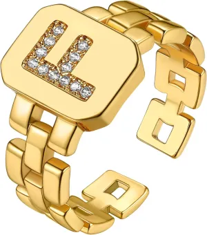 GOLDCHIC JEWELRY Cubic Zirconia Letter Rings Gold, Bold Initial Open Ring Adjustable for Women Statement Rings for Party
