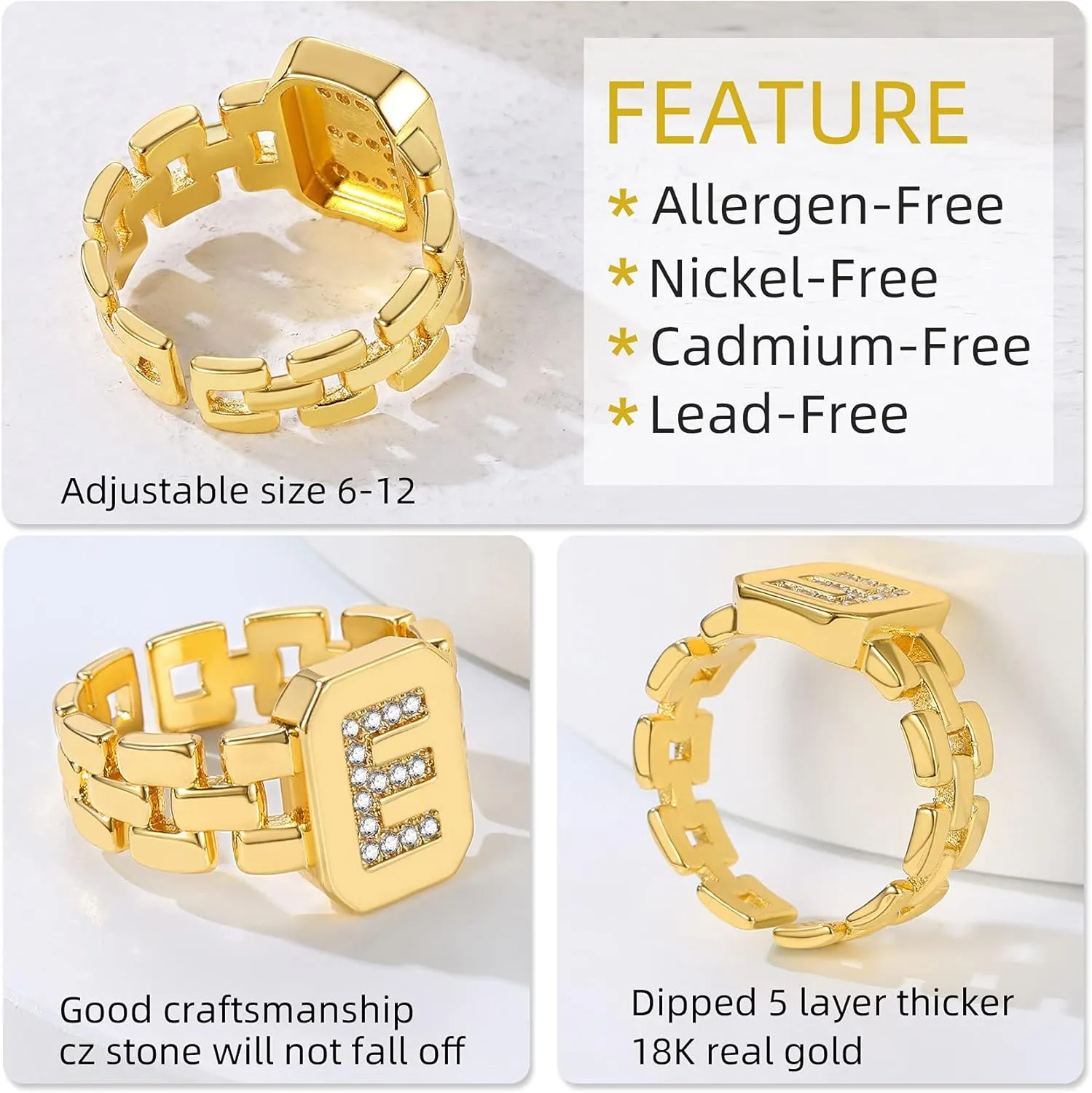 GOLDCHIC JEWELRY Cubic Zirconia Letter Rings Gold, Bold Initial Open Ring Adjustable for Women Statement Rings for Party