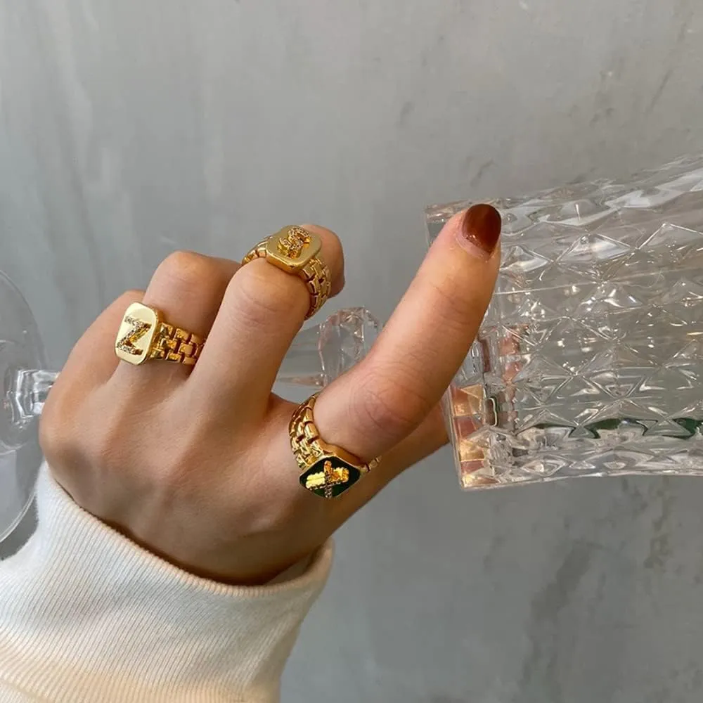 GOLDCHIC JEWELRY Cubic Zirconia Letter Rings Gold, Bold Initial Open Ring Adjustable for Women Statement Rings for Party