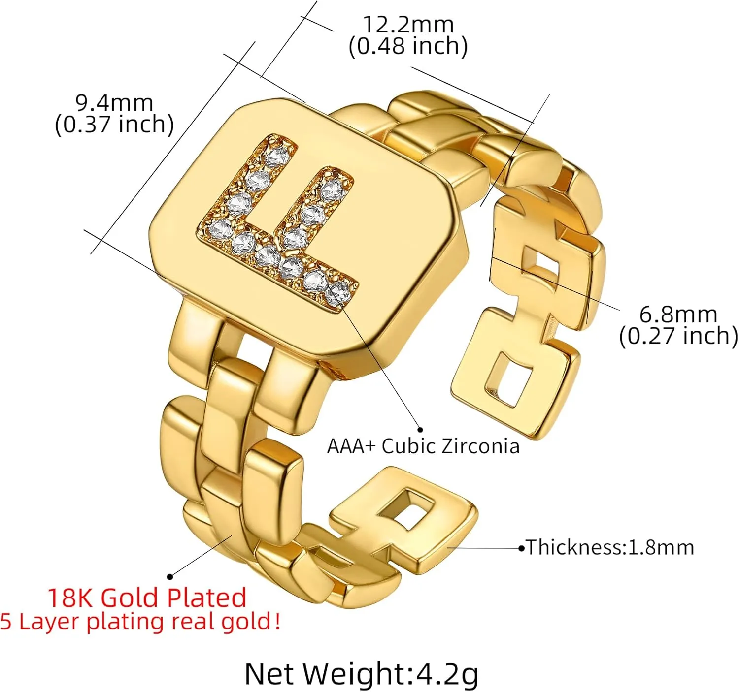 GOLDCHIC JEWELRY Cubic Zirconia Letter Rings Gold, Bold Initial Open Ring Adjustable for Women Statement Rings for Party