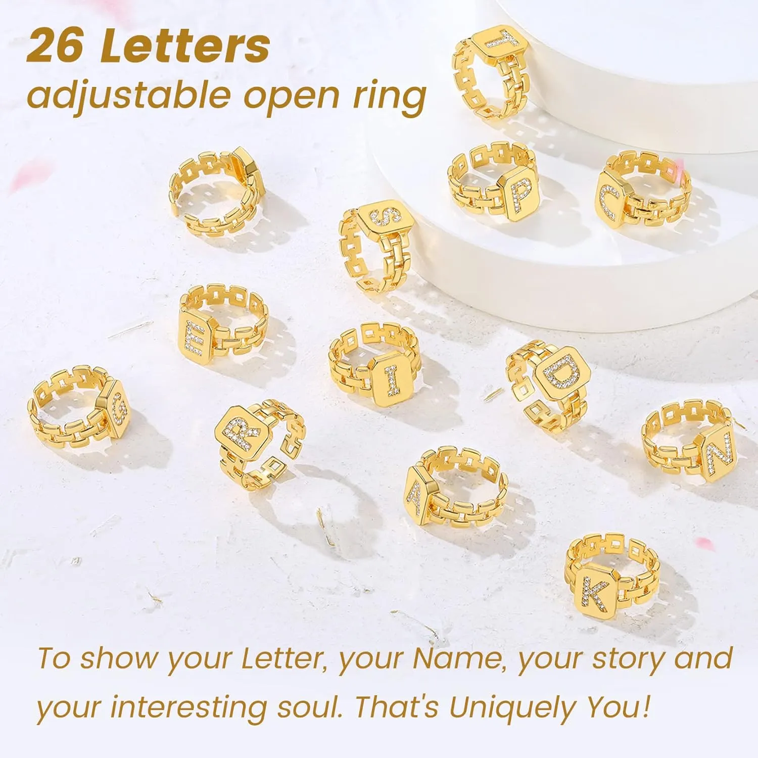 GOLDCHIC JEWELRY Cubic Zirconia Letter Rings Gold, Bold Initial Open Ring Adjustable for Women Statement Rings for Party