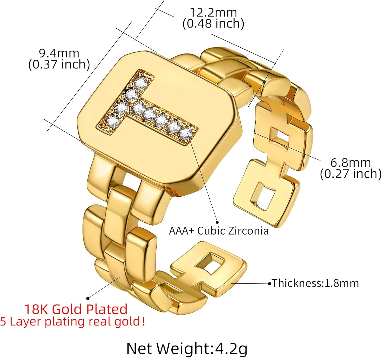 GOLDCHIC JEWELRY Cubic Zirconia Letter Rings Gold, Bold Initial Open Ring Adjustable for Women Statement Rings for Party