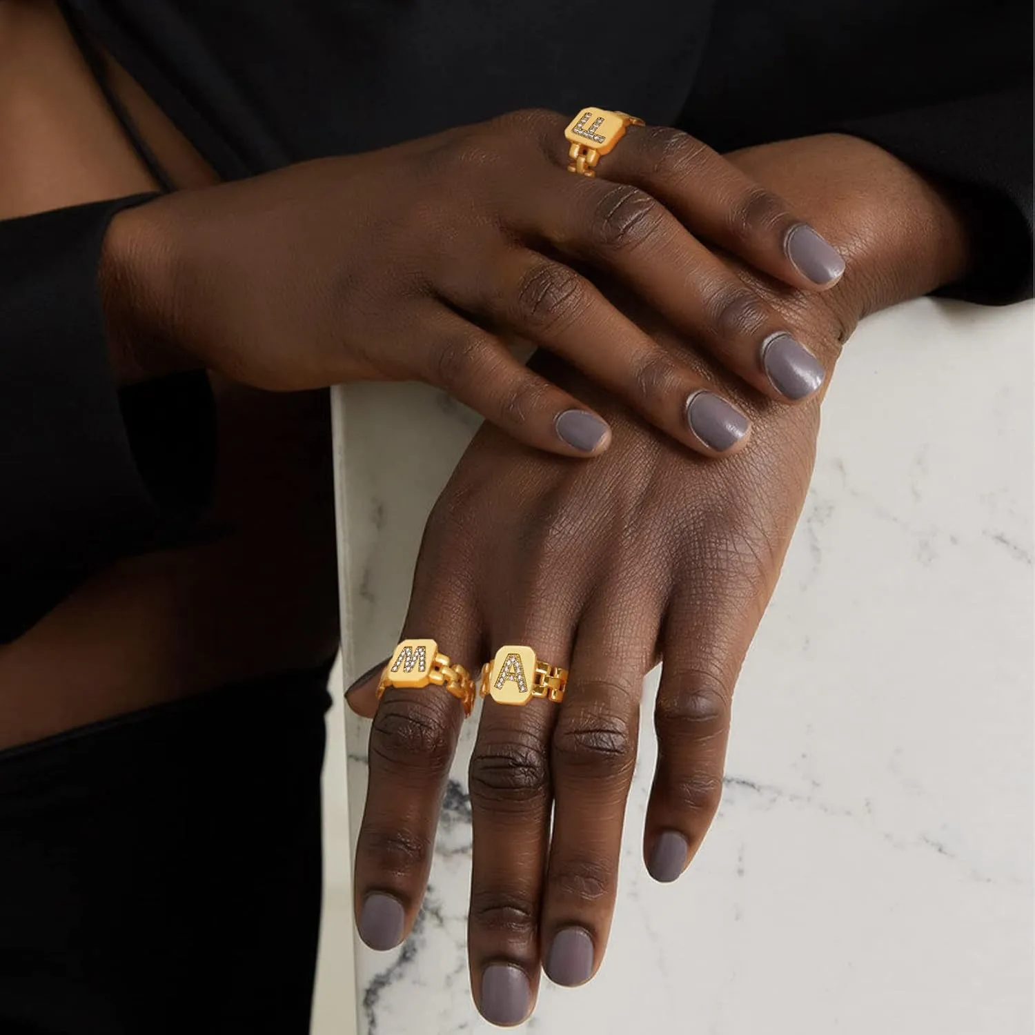 GOLDCHIC JEWELRY Cubic Zirconia Letter Rings Gold, Bold Initial Open Ring Adjustable for Women Statement Rings for Party