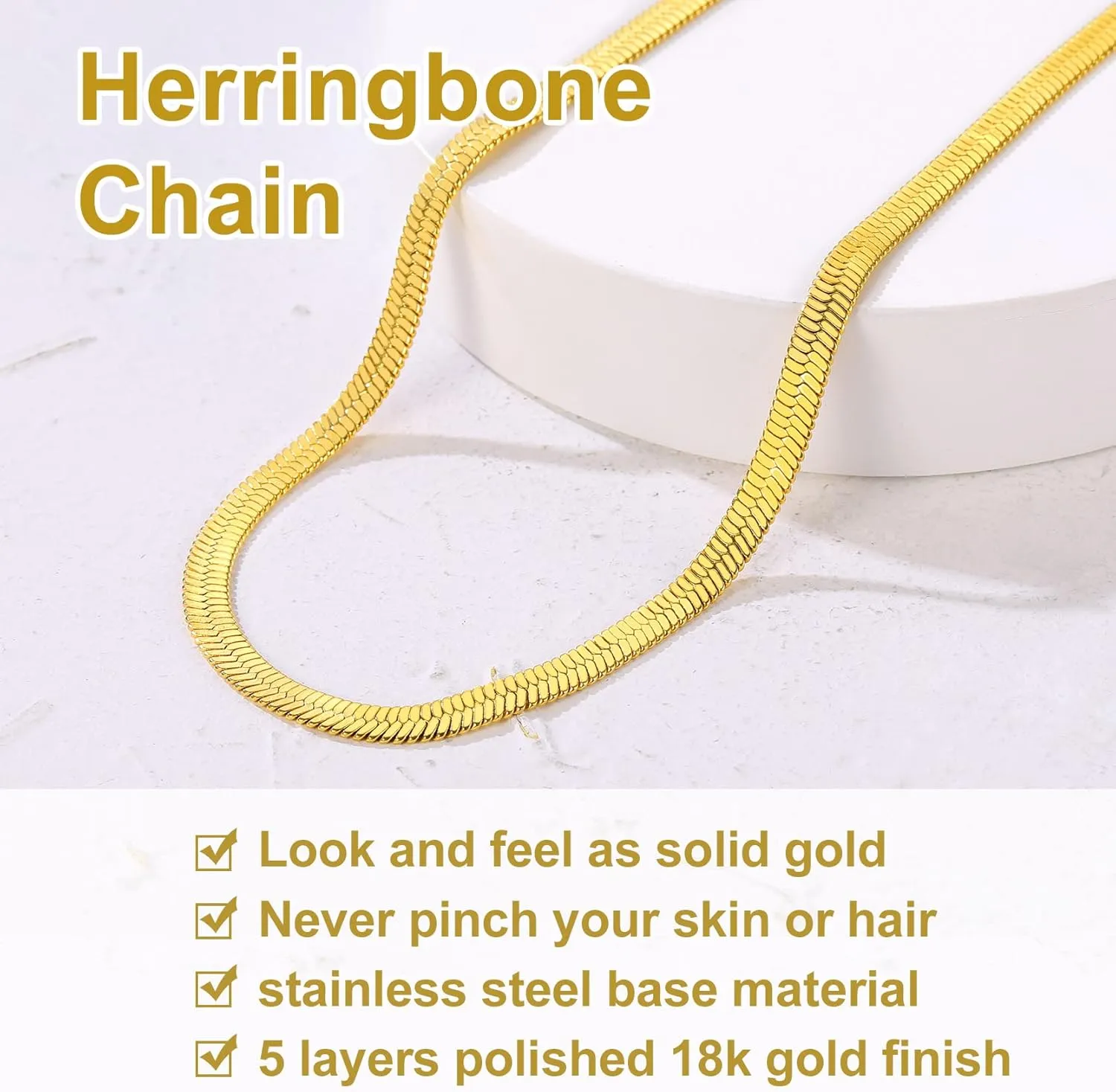 GOLDCHIC JEWELRY Stainless Steel Chain Necklace for Women, 3mm/5mm Snake Chain Herringbone Choker Necklaces, Gold/Silver/Rose Gold, 12/15/18 inches (3.5 inch Extenders)