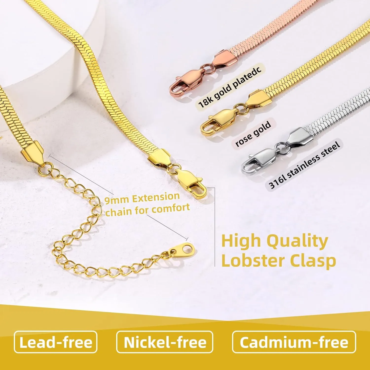 GOLDCHIC JEWELRY Stainless Steel Chain Necklace for Women, 3mm/5mm Snake Chain Herringbone Choker Necklaces, Gold/Silver/Rose Gold, 12/15/18 inches (3.5 inch Extenders)