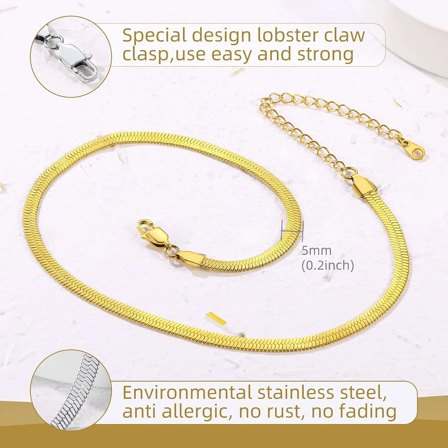 GOLDCHIC JEWELRY Stainless Steel Chain Necklace for Women, 3mm/5mm Snake Chain Herringbone Choker Necklaces, Gold/Silver/Rose Gold, 12/15/18 inches (3.5 inch Extenders)