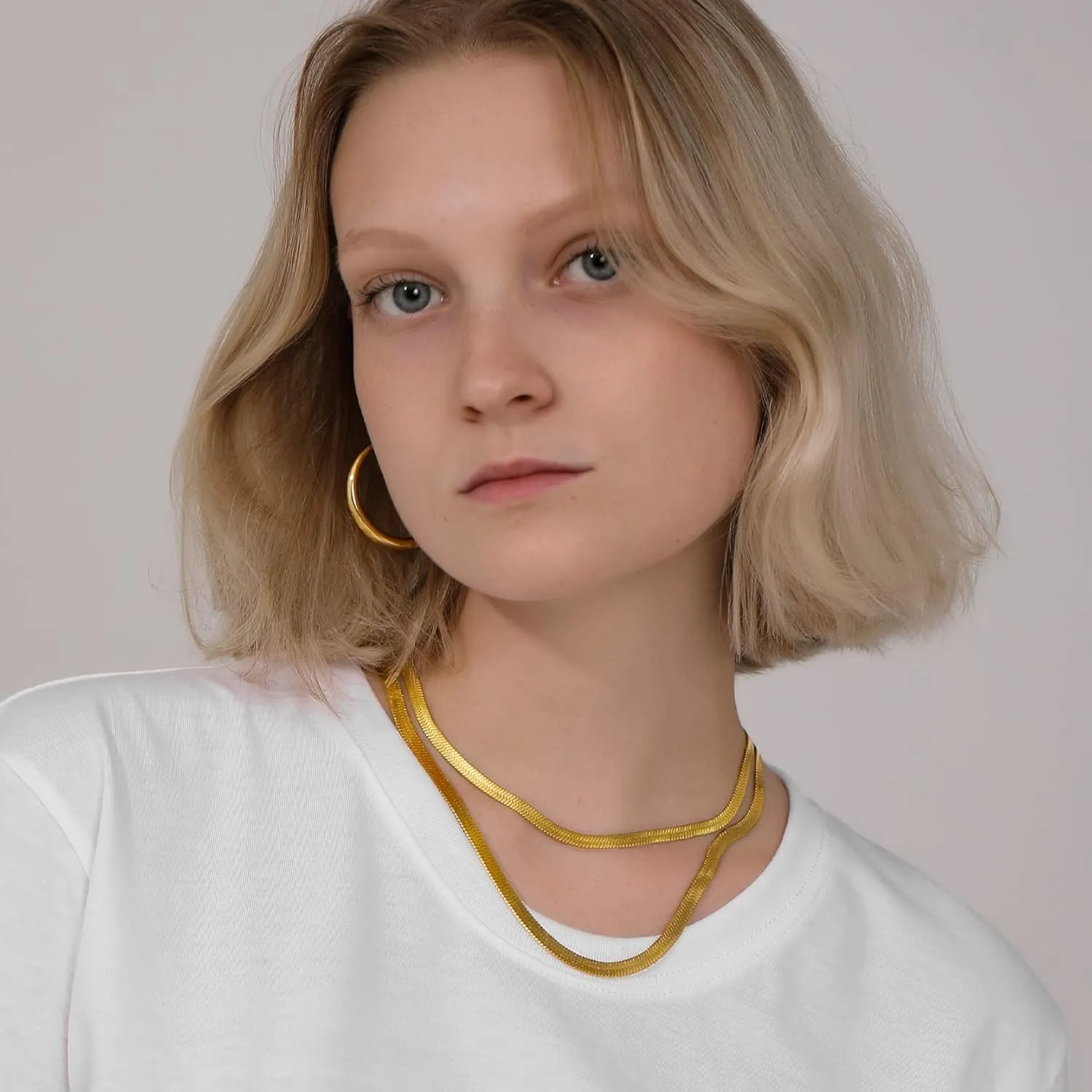 GOLDCHIC JEWELRY Stainless Steel Chain Necklace for Women, 3mm/5mm Snake Chain Herringbone Choker Necklaces, Gold/Silver/Rose Gold, 12/15/18 inches (3.5 inch Extenders)