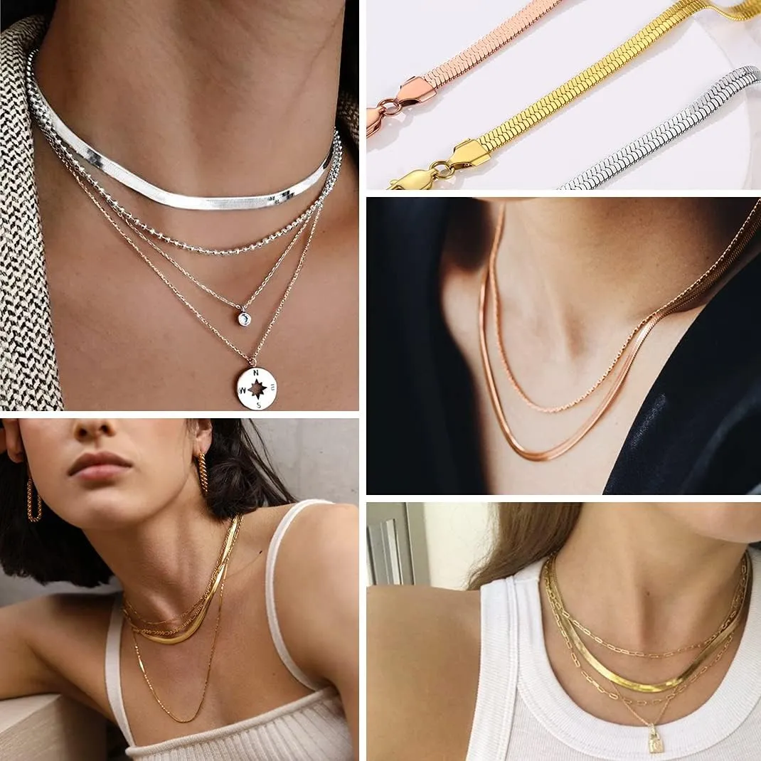 GOLDCHIC JEWELRY Stainless Steel Chain Necklace for Women, 3mm/5mm Snake Chain Herringbone Choker Necklaces, Gold/Silver/Rose Gold, 12/15/18 inches (3.5 inch Extenders)